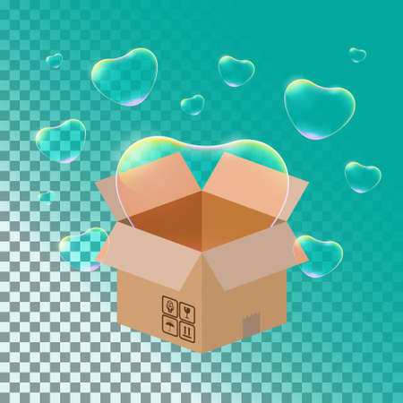 Realistic Heart soap bubbles with rainbow reflection  in Box on a transparent background.のイラスト素材