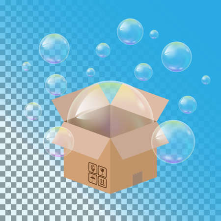 Realistic soap bubbles with rainbow reflection  in Box on a transparent background.のイラスト素材