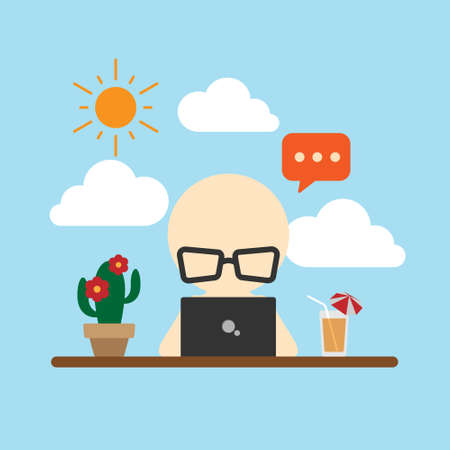 Working at home vector flat style illustration. Online career. Coworking space illustration. Young man freelancers working on laptop or computer at  beach.Vector illustration.のイラスト素材