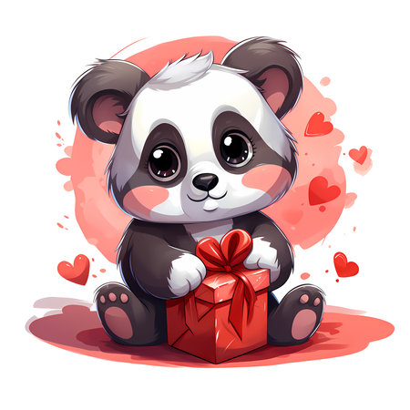 Cute panda bear with gift boxes and hearts.の素材