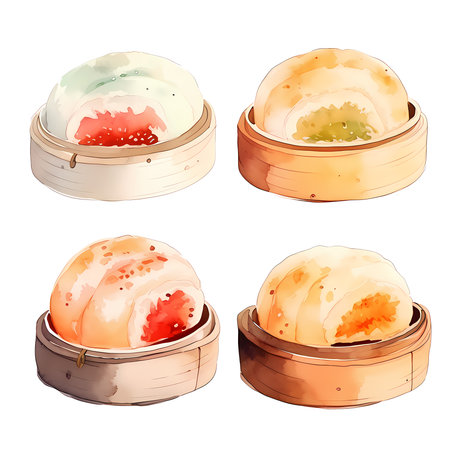 set of dim sum dumplings in bamboo steamer.の素材