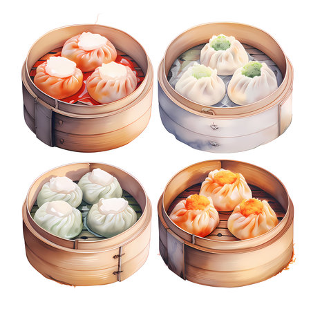 Chinese steamed dumplings in bamboo steamer.の素材