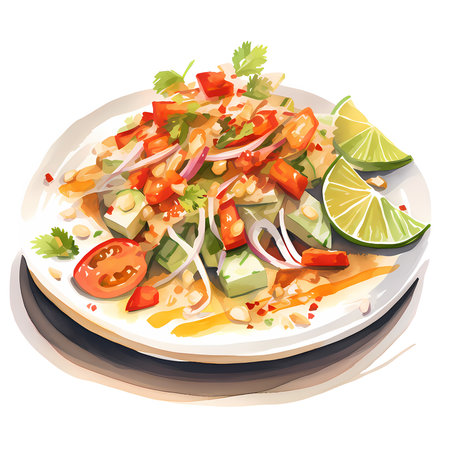 Illustration of spicy salad with lime and herbs on white background.の素材