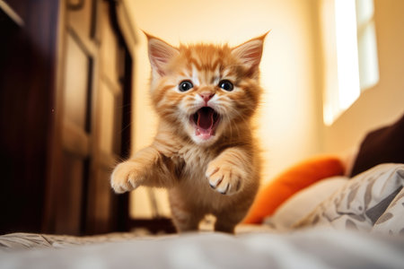 Cute ginger kitten yawning on the bed in the morning.の素材