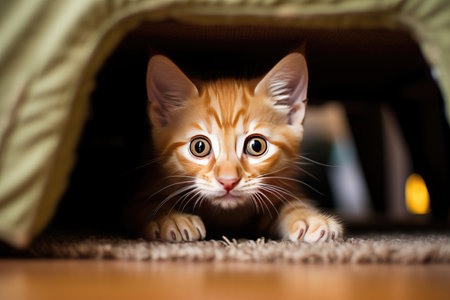 Cute ginger kitten playing in cat house. Fluffy pet.の素材