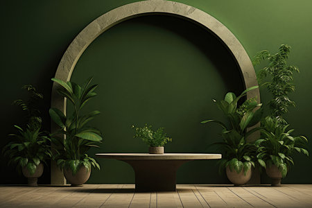 green interior with plants and round arched niche, 3d renderの素材