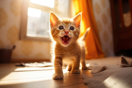 Cute ginger kitten yawning on the floor at home with sunlightの素材