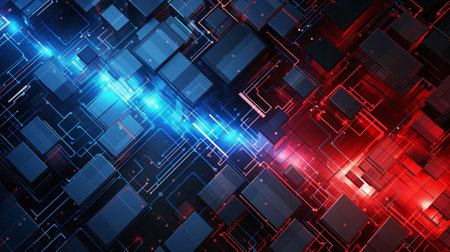 Abstract technology background with glowing lines and squares. 3D Renderingの素材
