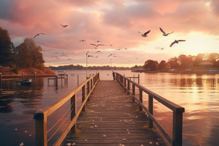 Wooden pier on the lake at sunset with seagullsの素材