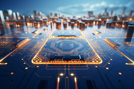 Circuit board close-up. Technology background. 3d renderingの素材