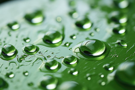 Water drops on a green leaf close-up macro photography. Shallow depth of fieldの素材