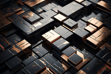 3d rendering of abstract geometric composition in black and gold color.の素材