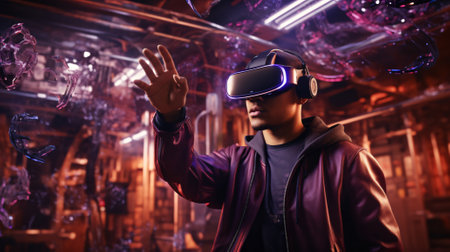 Young man wearing virtual reality goggles in a dark room. Future technology concept.の素材
