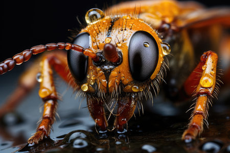 Macro shot of a bee on a black background with water dropsの素材