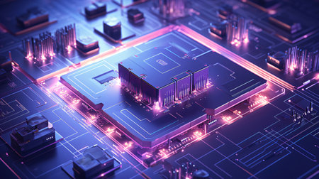 3d rendering of circuit board with microchips and electronic componentsの素材