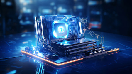 Close-up of a computer processor on a blue background 3D renderingの素材