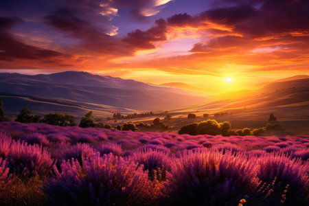 Beautiful sunset over the lavender field in the summer mountains.の素材