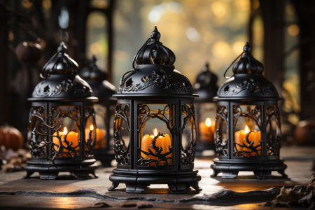Lanterns with burning candles on wooden table in autumn forestの素材