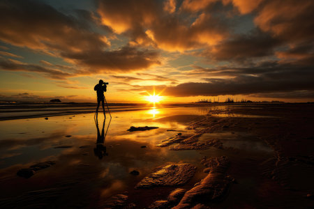Silhouette of photographer taking photo of beautiful sunset on the beachの素材