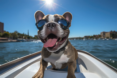 French bulldog in a boat on a sunny day with a blue skyの素材