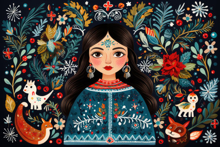 Beautiful girl in ethnic style with a deer. Vector illustration. Day of the Dead.の素材