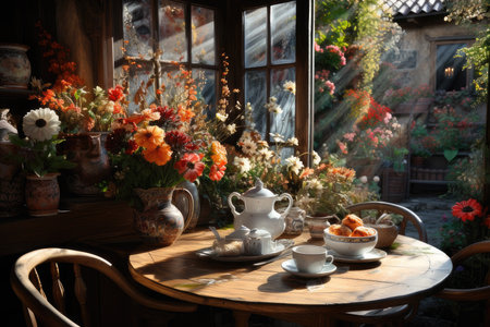 Cup of tea with teapot and teacup on table in cafeの素材