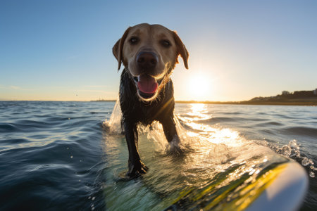 Labrador retriever dog swims on a surfboard in the sea at sunsetの素材
