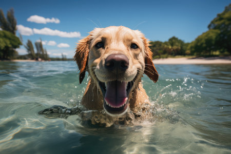 Cute golden retriever swimming in the lake on a sunny dayの素材
