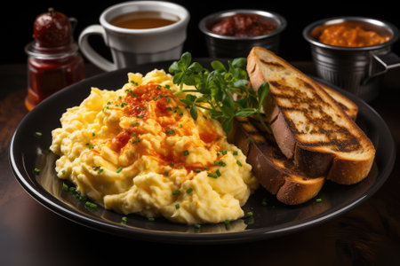 Scrambled eggs with toasted baguette and herbs on black plateの素材