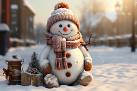 Snowman on the street. Christmas postcard. 3d renderingの素材