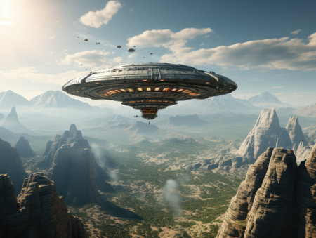 Alien spaceship flying in the sky. 3D render. Fantasy landscape.の素材