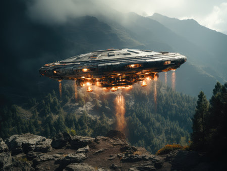 UFO flying over the mountains. Fantasy landscape. 3d renderingの素材