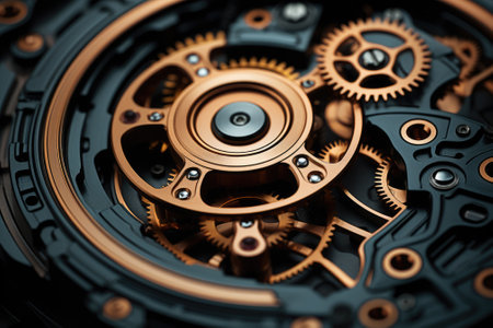 Close-up of metal gears and cogwheels on a black backgroundの素材
