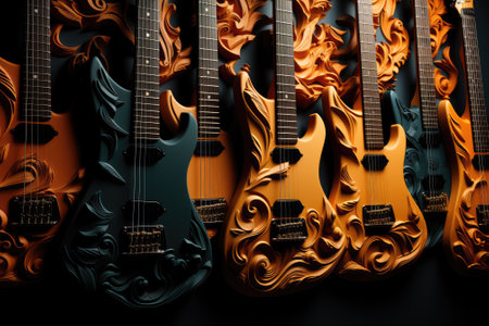 Set of electric guitars on a black background. 3d illustration.の素材