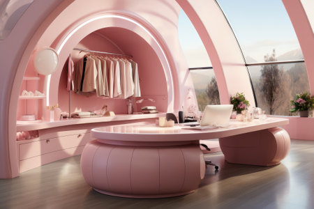 Interior of modern bathroom with pink bathtub and mirror. 3d renderの素材