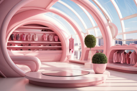 3d rendering of a fashion showroom with a lot of pink clothes and a round podiumの素材