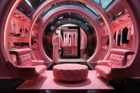 Futuristic fashion store interior with pink leather armchairs and pink velvet sofaの素材