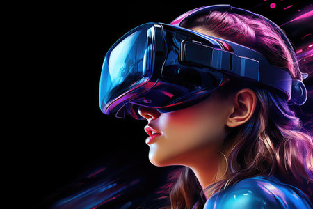 3d rendering of a young woman wearing a virtual reality goggles.の素材