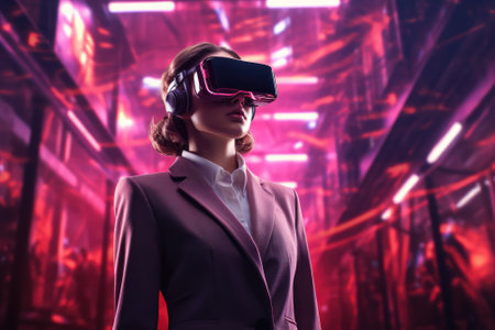 Attractive young businesswoman wearing virtual reality headset while standing against futuristic backgroundの素材