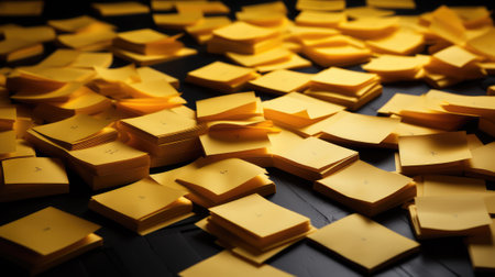 Stack of yellow sticky notes on black background. Shallow depth of field.の素材