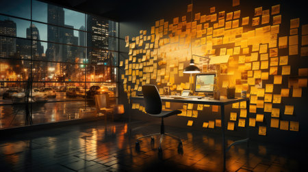 Modern office interior with wooden wall and night city view. 3D Renderingの素材