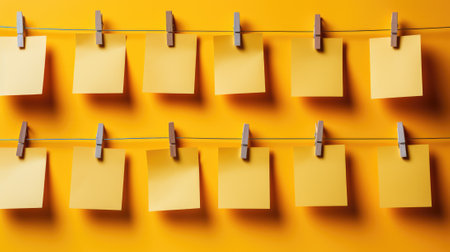 Yellow sticky notes hanging on a clothesline with clothespins on an orange backgroundの素材