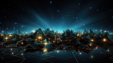 3D illustration of low polygonal landscape in the night.の素材