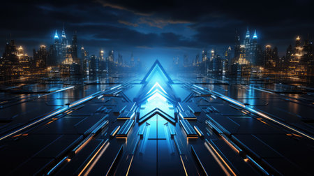 Futuristic city at night with neon lights. 3d renderingの素材