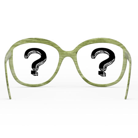 green glasses with question mark  on a white Backgroundの写真素材