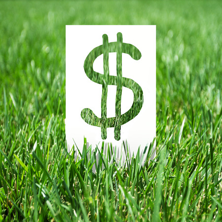 paper with dollar symbol on green grassの写真素材