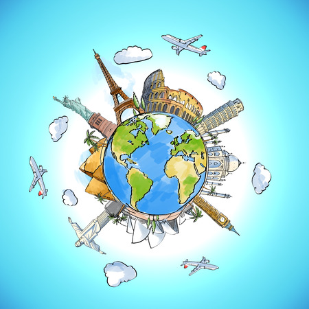 color travel background with earth and landmarksの写真素材