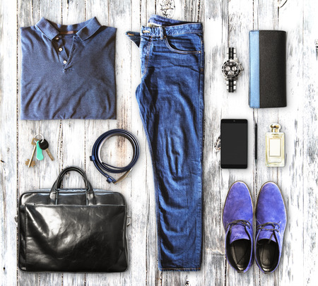 set of men's clothing and accessories on white backgroundの写真素材