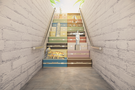 Staircase of suitcases with differnt countries conceptの写真素材