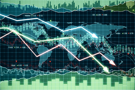 Business graph with glowing arrows tending downwardsの写真素材